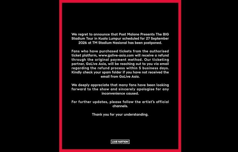 Post Malone pushes back Asian leg of BIG Stadium Tour, KL show cancelled