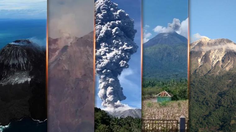 Enam gunung berapi Indonesia meletus pada hari yang sama